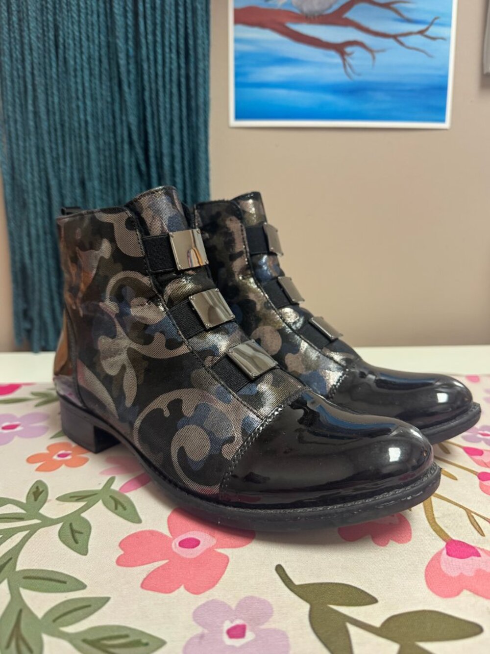 Remonte Black Grey Camouflage Patent Toe Ankle Boots - EU 39 / US 8.5